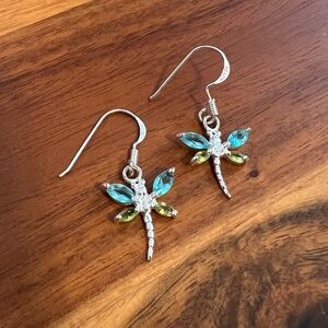 Silver Dragonfly Earrings with Blue and Green Gemstone Wings